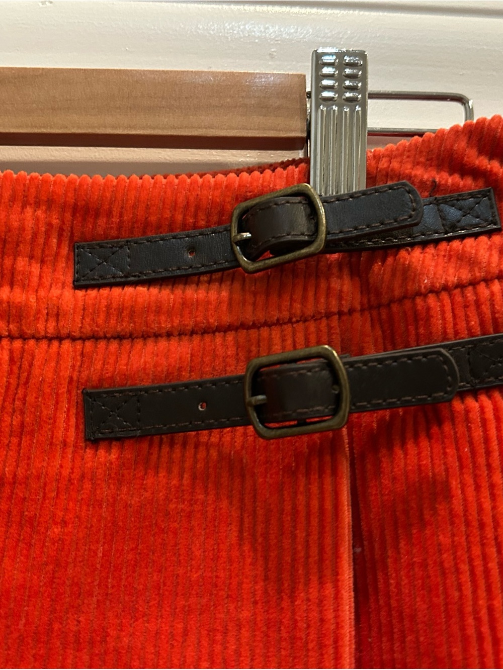 Boden Mini Corduroy Skirt in Bright Orange with Dark Brown Leather Buckle Straps